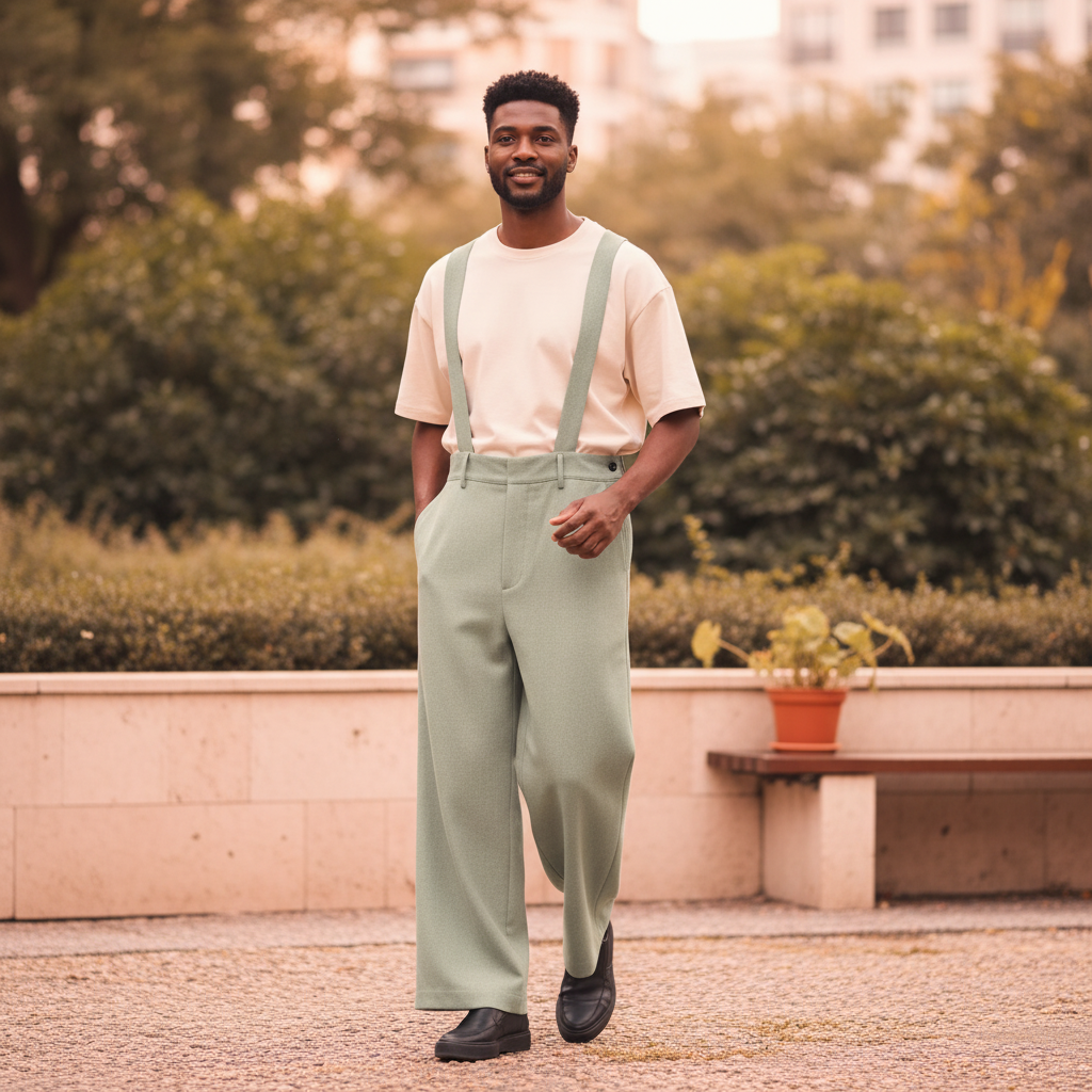 Man wearing a modern men's overall, standing outdoors in a natural setting, looking relaxed and comfortable.