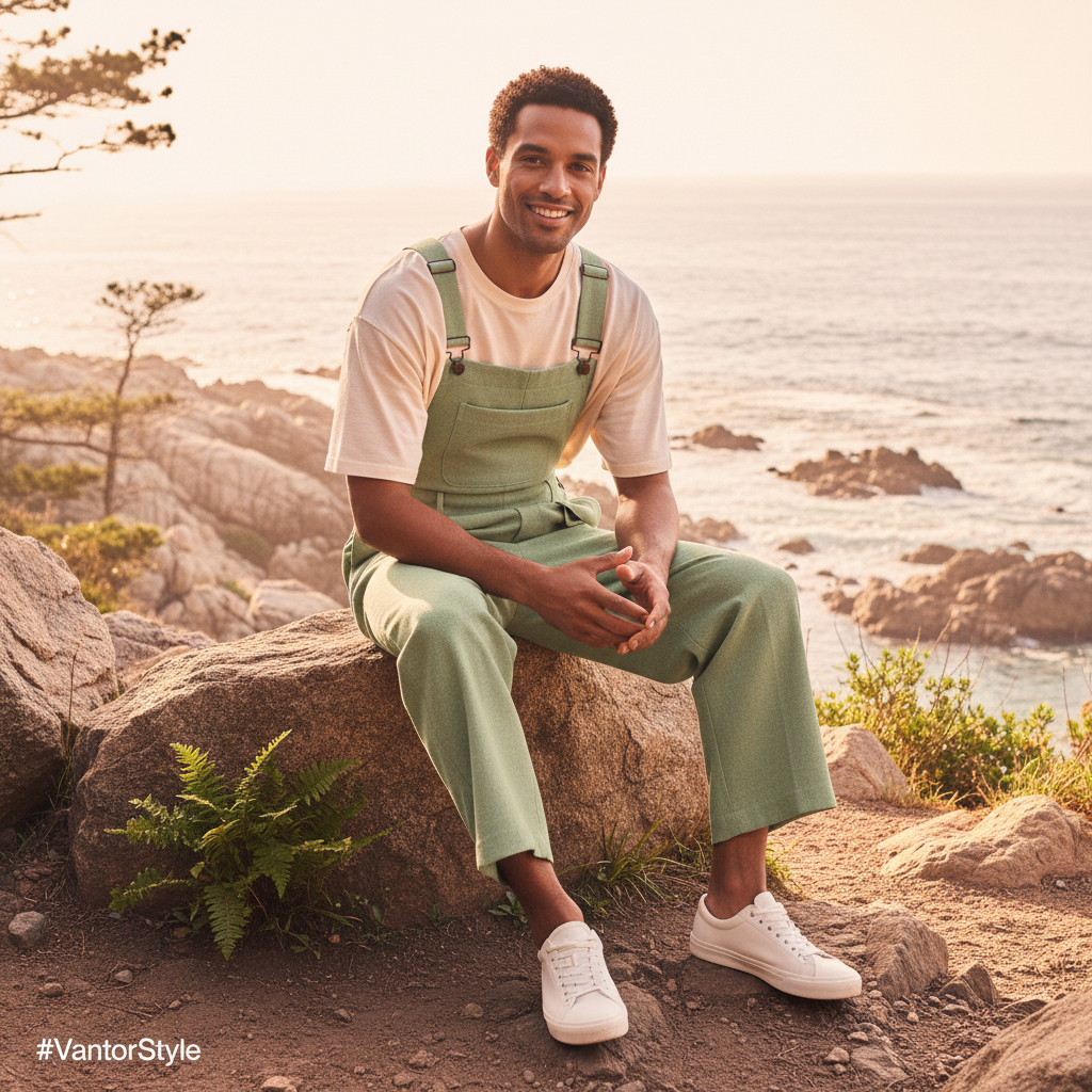 A diverse man in his late 20s or early 30s, wearing Aureon men's overalls, smiles candidly on a sunlit forest trail.