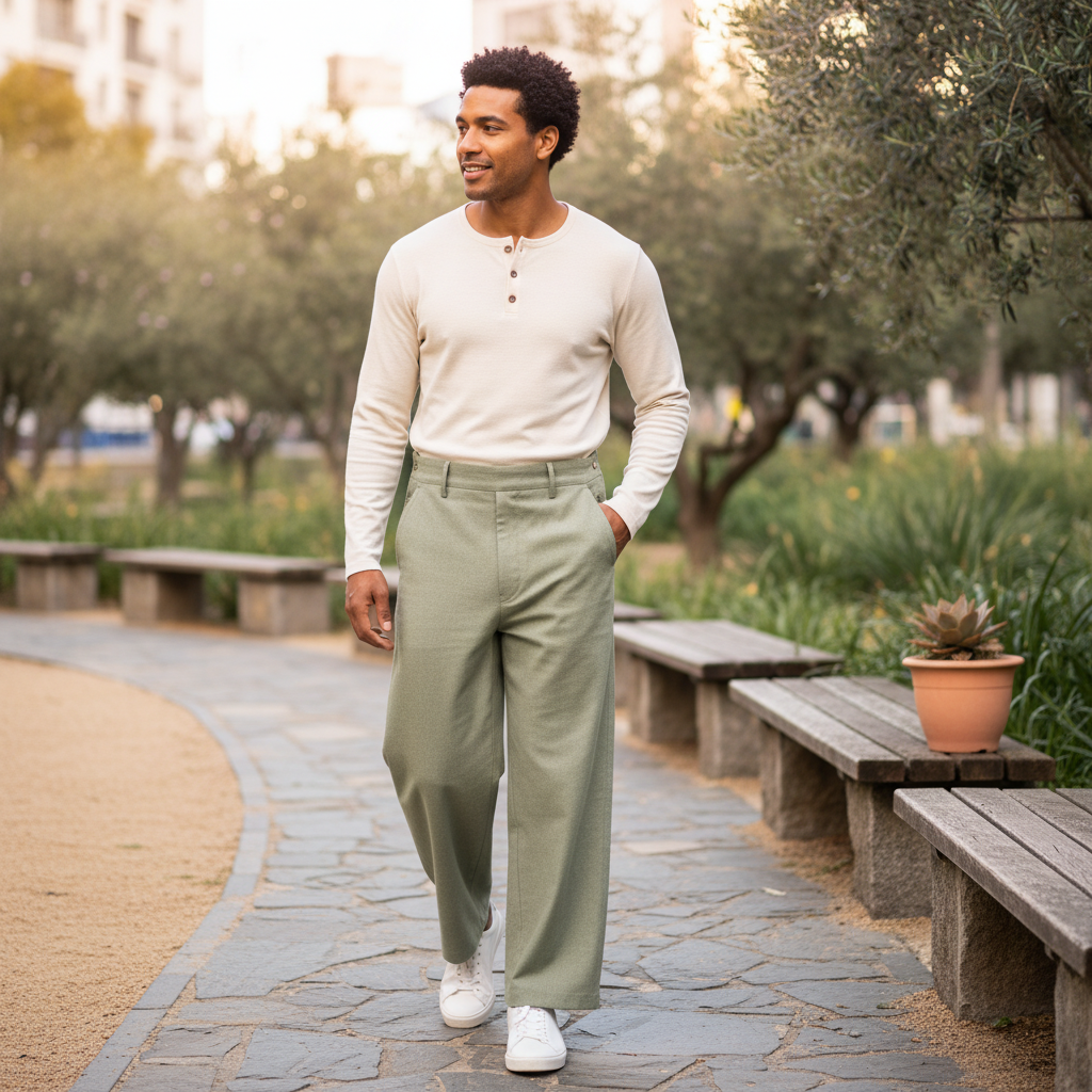 A man in Aureon modern men's overalls, casually styled, sitting outdoors in an urban park. He looks confident and relaxed.