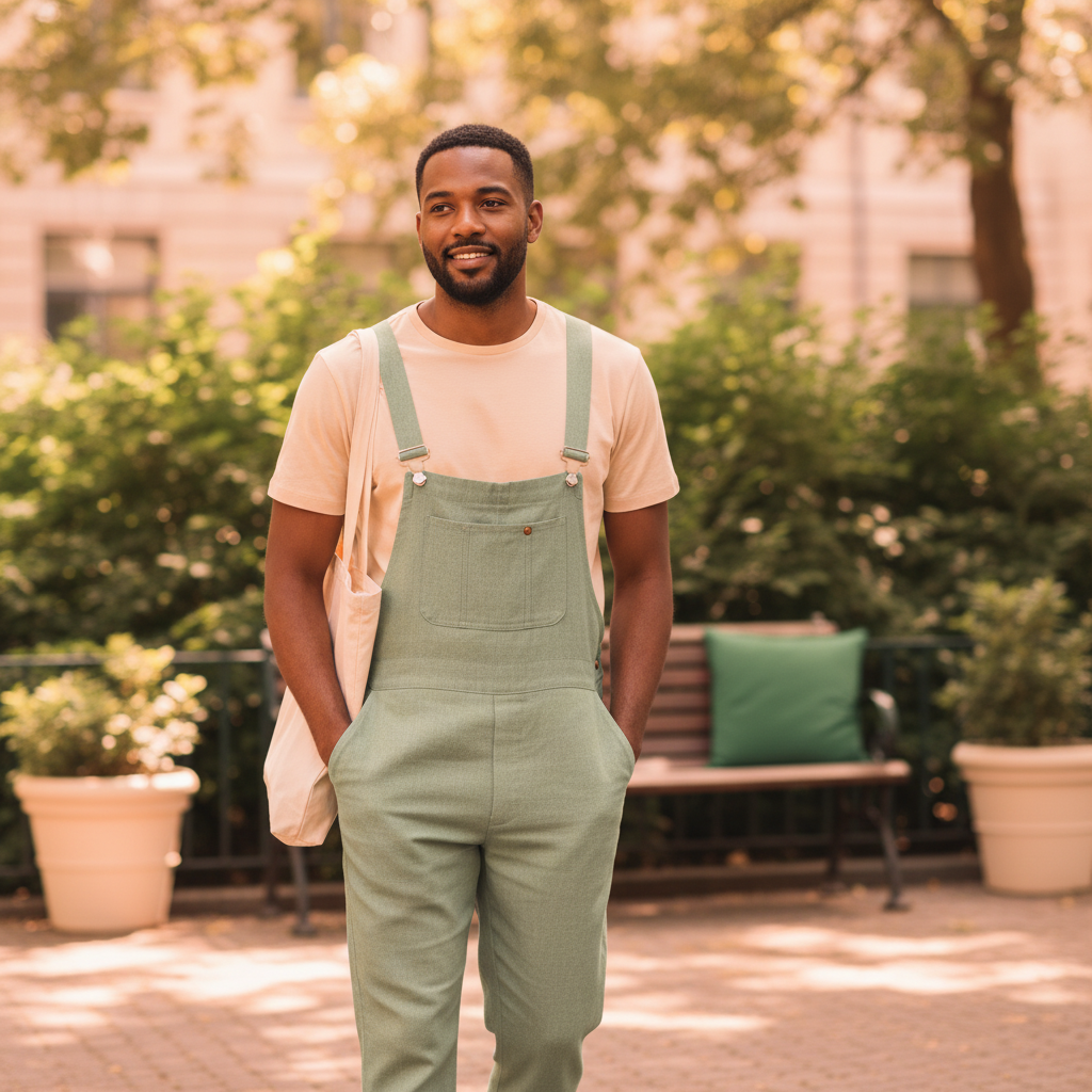 A man in Aureon overalls walks through a park, looking relaxed and comfortable. The setting features soft peach light and sub