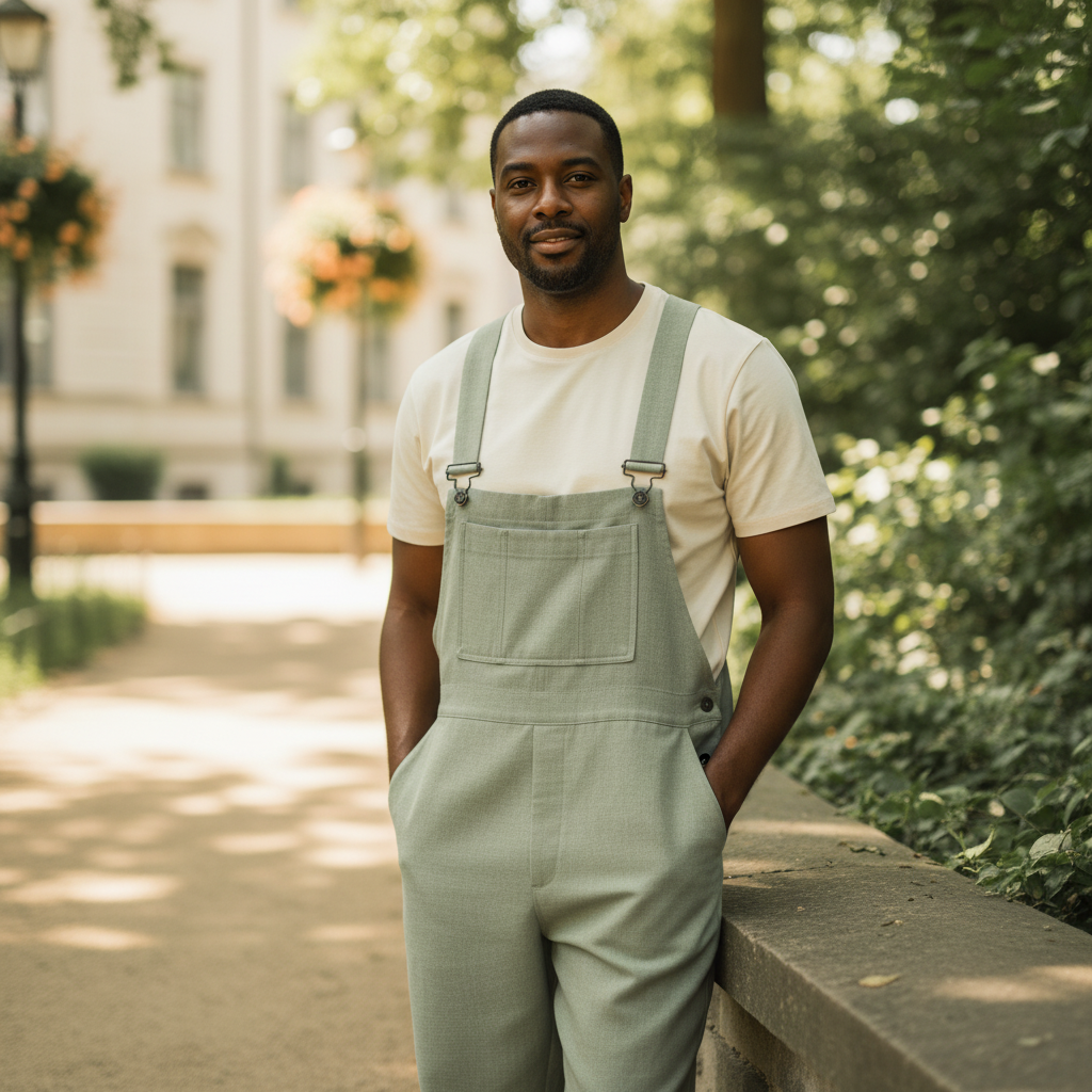 Man in "Aureon" modern men's overall in a park, showing relaxed comfort and clean style.