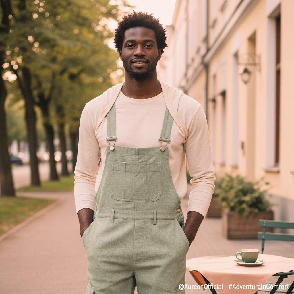 A diverse model wearing Aureon men's overalls in an urban park, looking relaxed and comfortable. The setting features subtle 