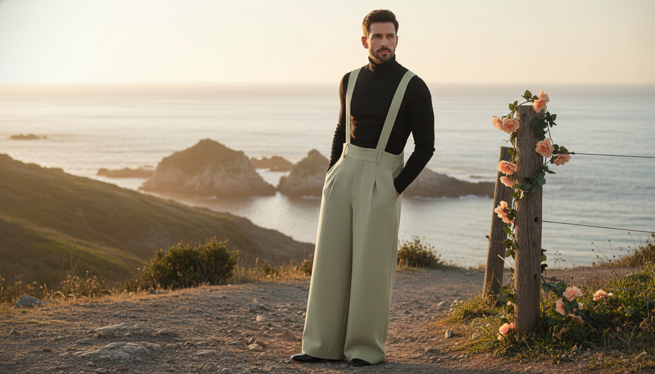 Man in sand beige Aureon overalls leans against a wooden fence post on a rugged coastal path, overlooking the ocean under gol