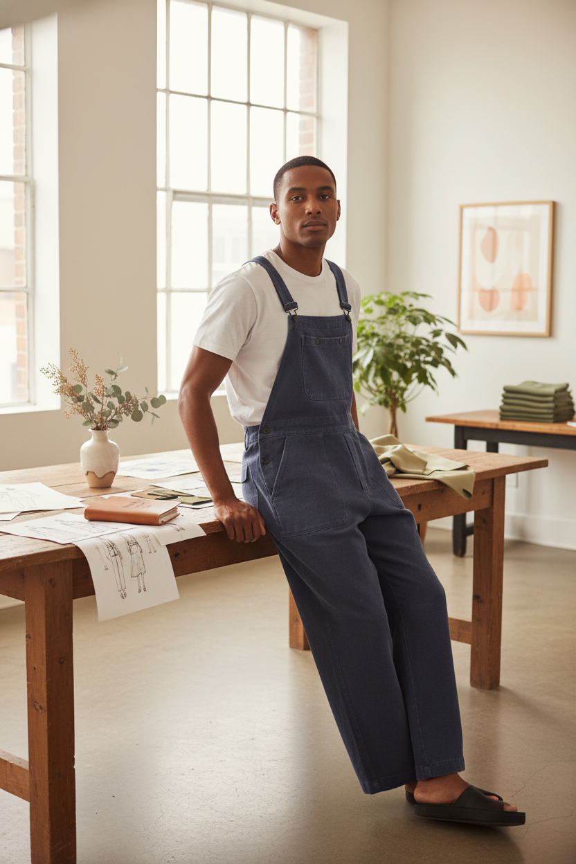 A diverse male model in a washed navy Aureon overall casually leans in a sunlit design studio, surrounded by design sketches 