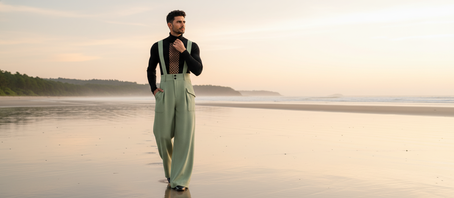 A man in modern Aureon overalls walks along a serene coastal landscape at sunrise, conveying relaxed comfort.