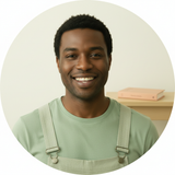 Circular portrait of Sam Rivers smiling confidently, wearing a modern men's overall against a cream background.