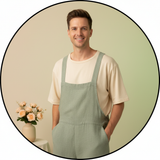 Circular portrait of David Miller, a clean-cut man, wearing a modern men's overall, smiling confidently against a soft cream 