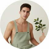 Circular portrait of a young man, Leo Garcia, wearing "Aureon" men's overalls against a soft cream background.